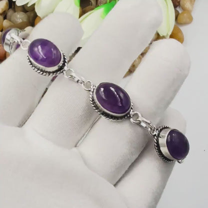 Handmade Amethyst Bracelet | 925 Sterling Silver Oval Adjustable Bracelet