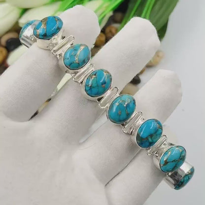 Handmade Copper Turquoise Sterling Silver Bracelet | Adjustable 925 Silver Vintage Bracelet